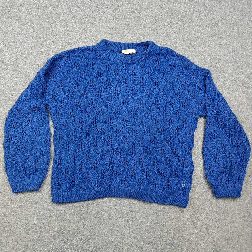 Boden Sweater Womens 10 Blue Open Knit Geometric Crew Neck Pullover Long Sleeve